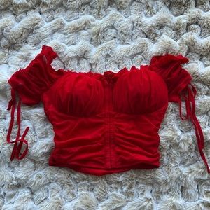Lulus red Mesh Bustier off the shoulder corset top